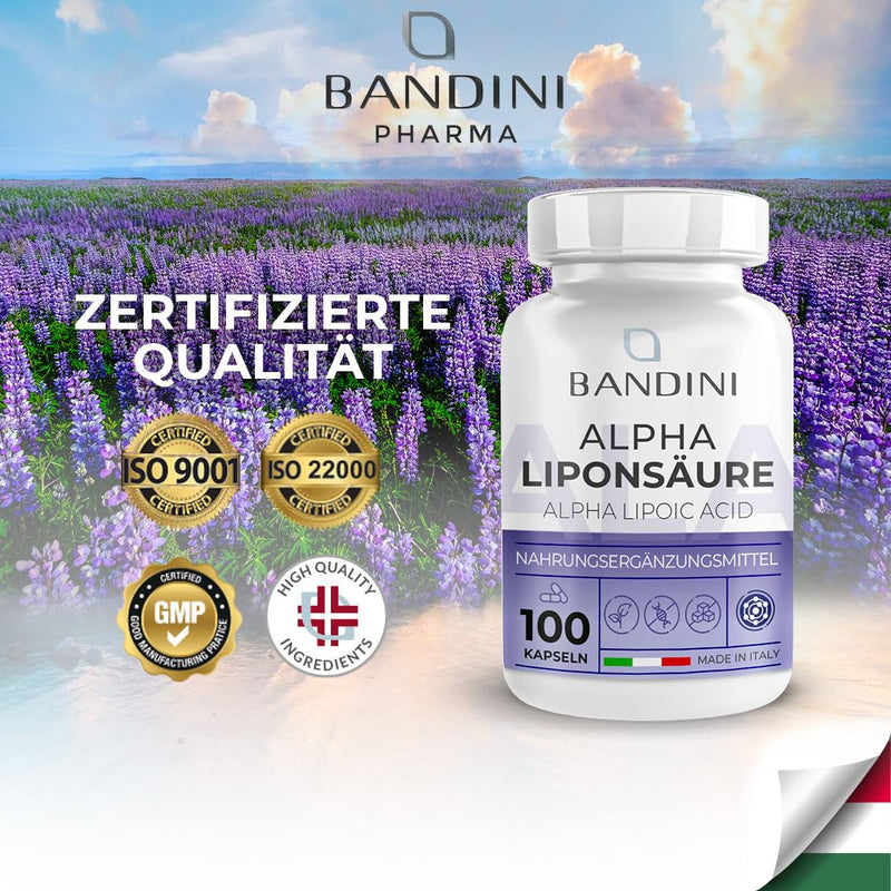 Bandini® ALA Alpha Lipoic Acid 200mg | 100 capsules | Antioxidant Alpha Lipoic Acid | Support for the circulatory system, liver, nervous system | Highly dosed, vegan, laboratory tested, bioavailable, GMO-free - NewNest Australia