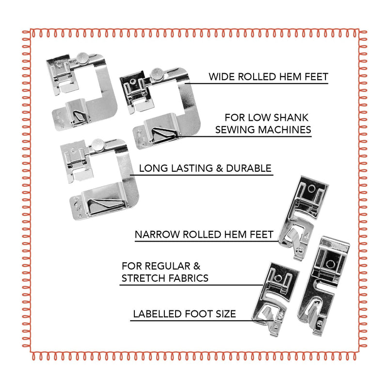 Rolled Hem Presser Foot [6 Sizes] Wide Rolled Hem Foot Set & Narrow Foot Hemmer Set For Brother, Singer & Janome Low Shank Sewing Machines. Hemming Pressure Feet With Distinctive Wide and Narrow Sizes Mixed 6 - NewNest Australia