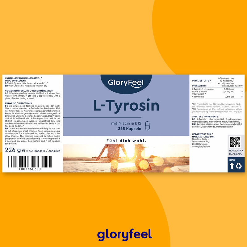L-Tyrosine high dose - 365 capsules - With 1,000 mg tyrosine per daily dose - Amino acid with vitamin B for nerves, metabolism and psyche * - Supplies for half a year - 100% vegan - NewNest Australia