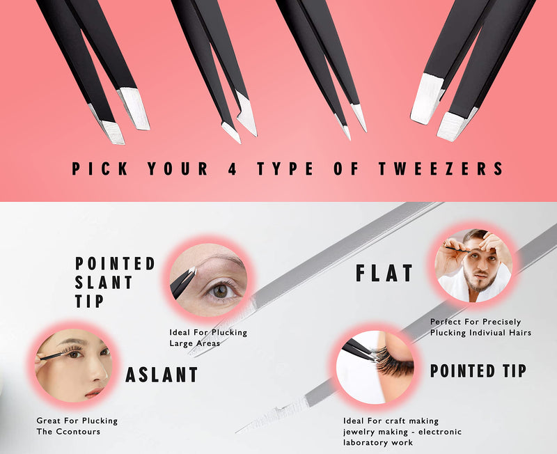 Tweezers Eyebrow Plucking 4 Piece Tweezers Set Professional Rustproof Stainless Steel Precise Eyebrow Plucking, Hair Remover Ingrown Hair, Face Epilator High Quality Care Set Black - NewNest Australia