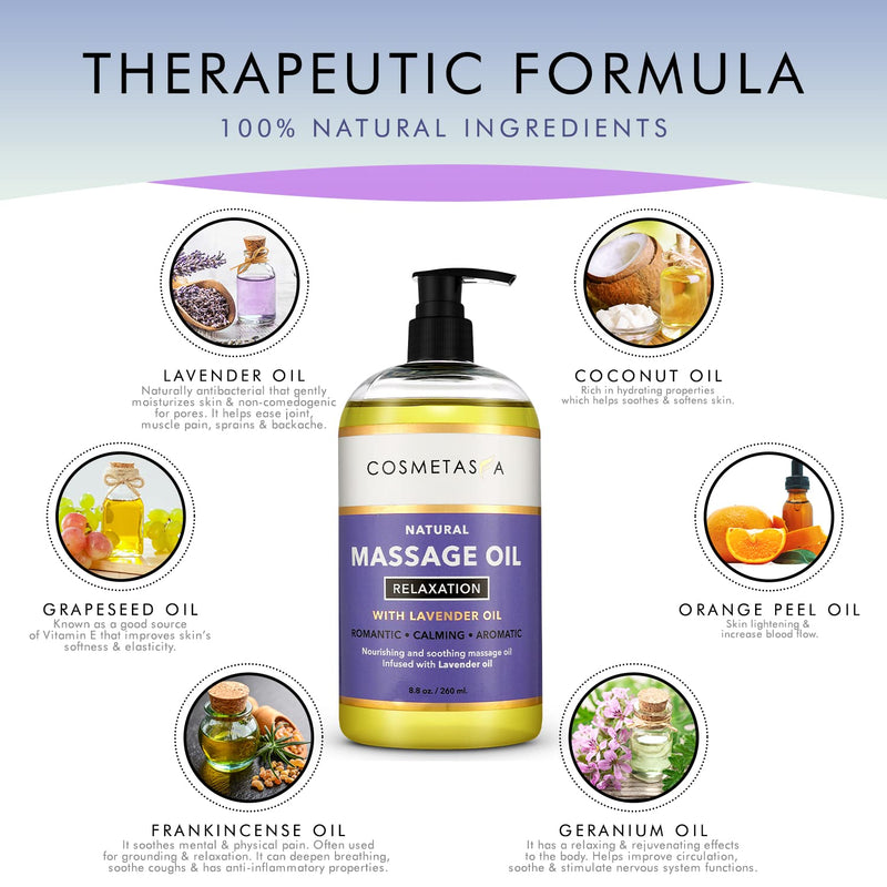 Lavender Relaxation Massage Oil - No Stain 100% Natural Blend of Spa Quality Oils for Romantic, Calming, Aromatic, Soothing Massage Therapy 8.8 oz by Cosmetasa 8.8 Fl Oz (Pack of 1) - NewNest Australia