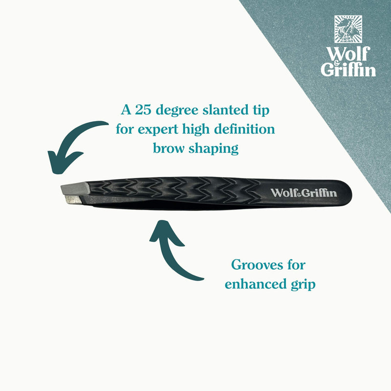 Wolf & Griffin Black Edition Ultimate Precision Tweezers with Case | Stainless Steel with Black Coating | Professional Slant Eyebrow Tweezers for Men and Women - NewNest Australia