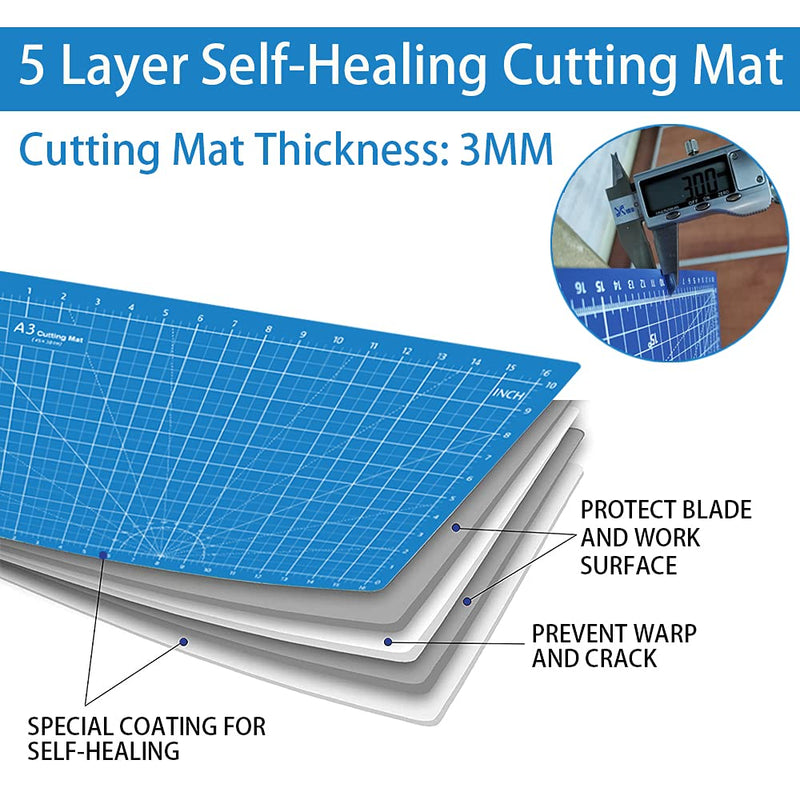 Headley Tools 12 x 18 Inch Self Healing Cutting Mat, Durable Non-Slip Rotary Cutting Mat Double Sided 5-Ply Gridded A3 Cutting Board for Craft, Fabric, Quilting, Sewing, Scrapbooking Project, Blue Light Blue/Dark Blue - NewNest Australia