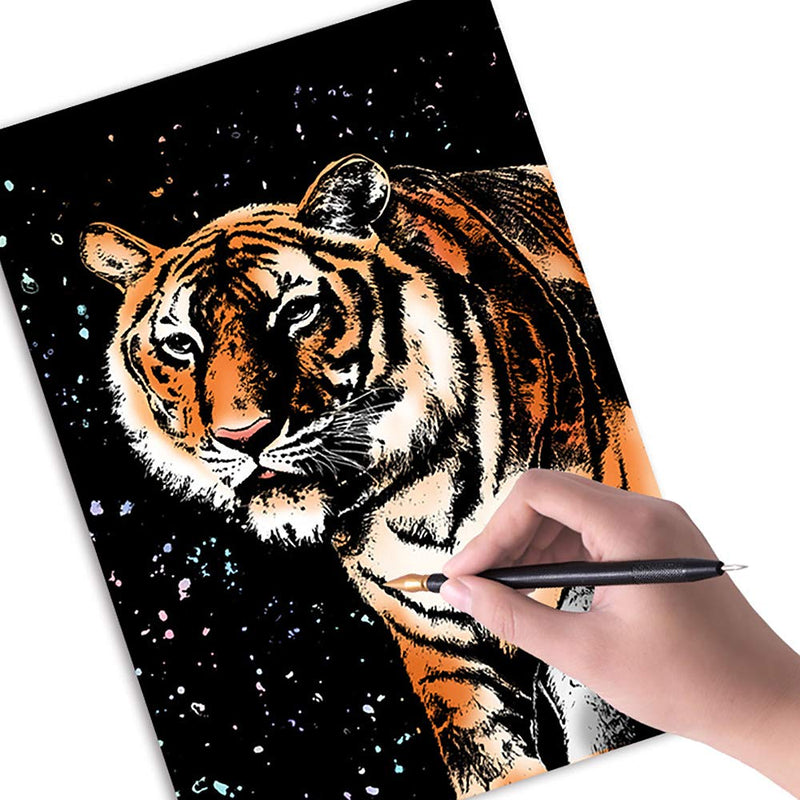Scratch Art Paper(A4) for Kids & Adults, Rainbow Painting Night View Scratchboard, Art Craft, Crafts Set: 8 Sheets Scratch - Unicorn/Flamingo/Cat/Deer/Tiger/Leopard/Lion/Wolf & 6 Tools (Animal World) Animal World - NewNest Australia