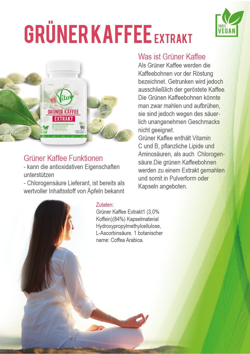 MeinVita Green Coffee - 1376 mg (daily portion) - high dosage - 100% vegan capsules, 90 pieces (74 g) - NewNest Australia