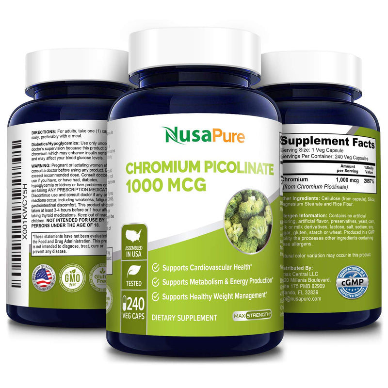 Chromium Picolinate 1000mcg 240 Veggie Capsules (Non-GMO & Gluten Free) - NewNest Australia