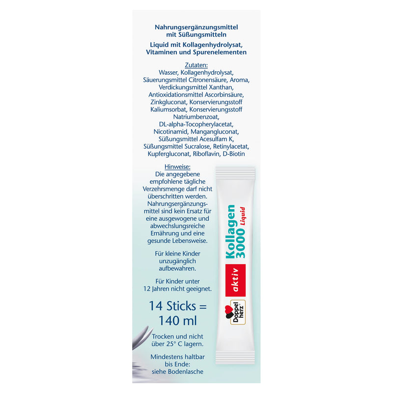 Doppelherz Collagen 3000 Liquid Skin + Connective Tissue - With Vitamin A, Zinc And Biotin As A Contribution To The Maintenance Of Normal Skin - 1 X 14 Portion Bag - NewNest Australia