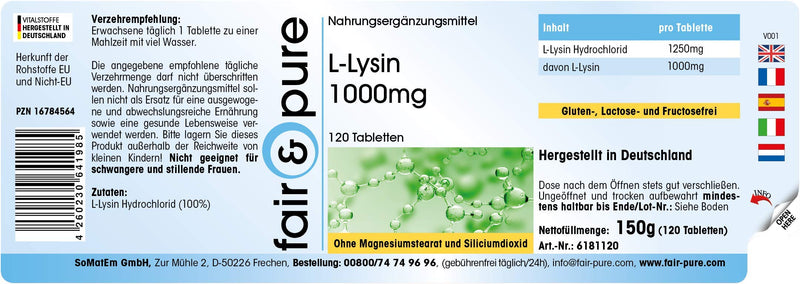 Fair & Pure® - L-Lysine tablets - 1000mg - high dosage - vegan - 120 tablets - NewNest Australia