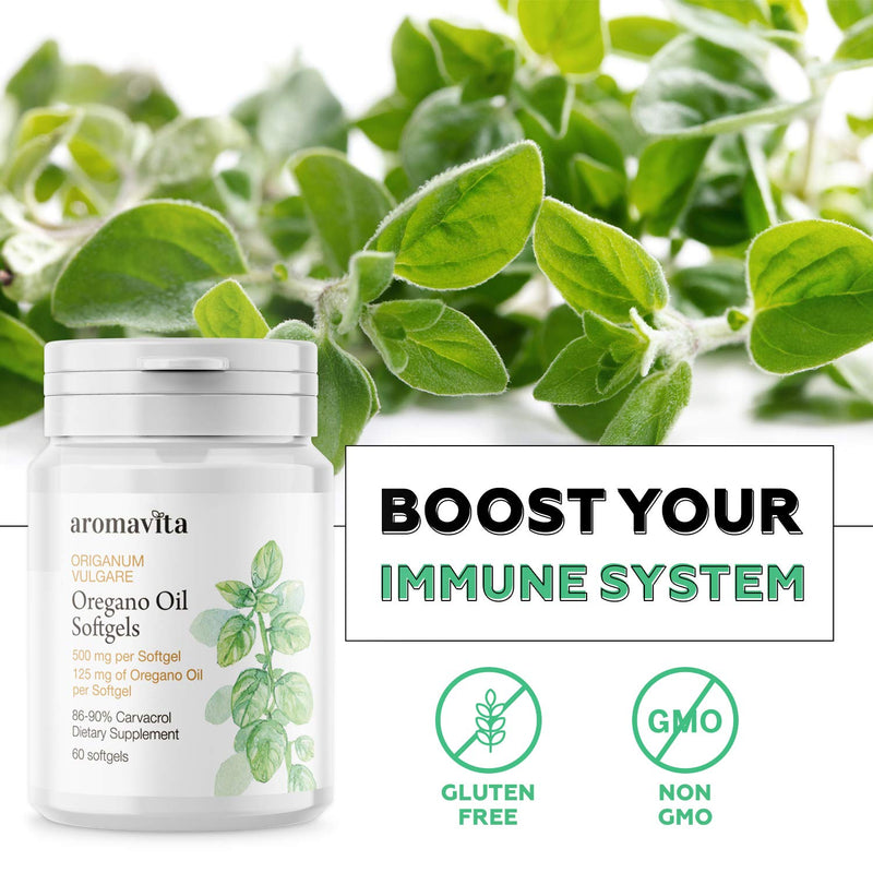 Aromavita Oregano Oil Capsules – Non GMO and Gluten Free, Greek Oregano Oil Containing 108mg Per Serving – Over 86-90% Carvacrol – 60 Softgels, Regular - NewNest Australia