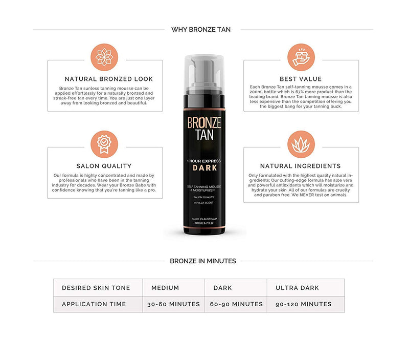 Bronze Tan Dark Moisturizing Self Tanning Mousse and Self Tanner For Fair to Medium Skin Tones Salon Quality Vanilla Scented (200 ml/ 6.7 oz) - NewNest Australia