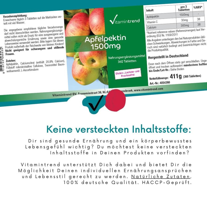 Apple pectin 1500mg - 360 tablets - vegan - natural fiber | Vitamintrend® - NewNest Australia