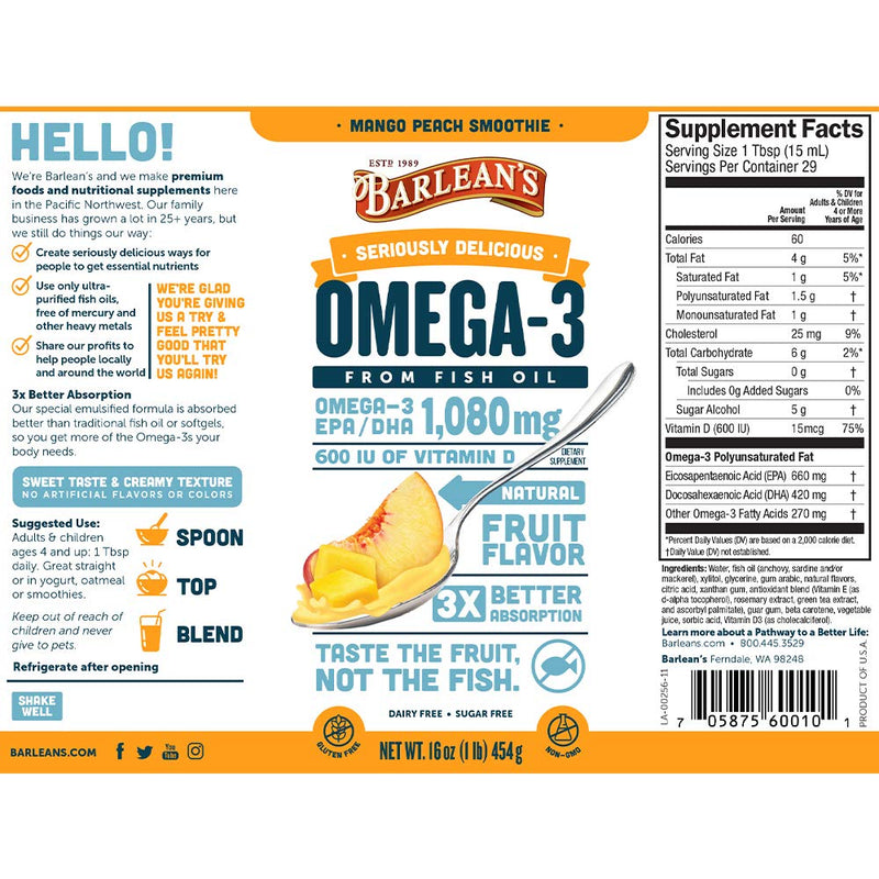 Barlean's Mango Peach Omega 3 Fish Oil Supplements - 1080mg of EPA/DHA, 600 IU Vitamin D3 for Brain, Heart, Joint, & Immune Health - Non GMO, Gluten Free, All-Natural Fruit Smoothie - 16-Ounce 1 Pound (Pack of 1) - NewNest Australia
