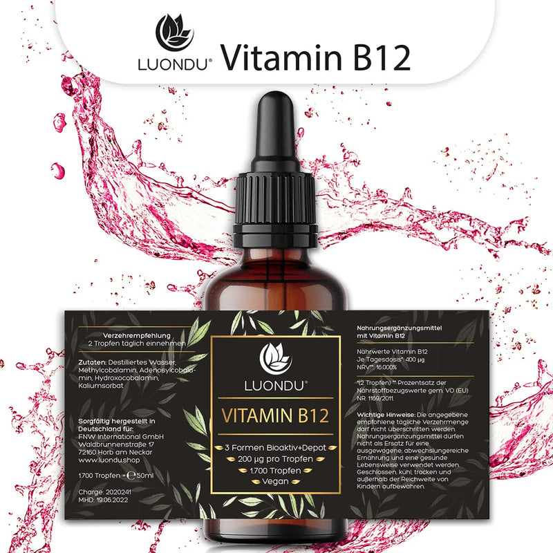 Vitamin B12 drops high dosage, vegan & alcohol-free 50ml 1700 drops liquid 3 forms active + depot (adenosyl & methylcobalamin hydroxocobalamin) - NewNest Australia