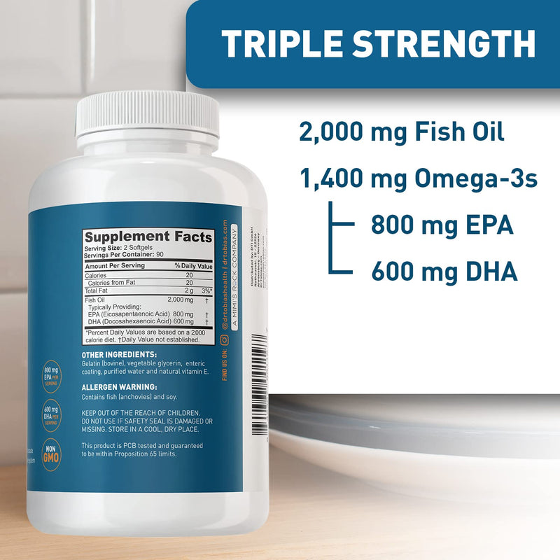Dr. Tobias Omega 3 Fish Oil – Triple Strength Dietary Nutritional Supplement – Helps Support Brain & Heart Health, Includes EPA & DHA – 2000 mg per Serving, 60 Soft Gel Capsules - NewNest Australia