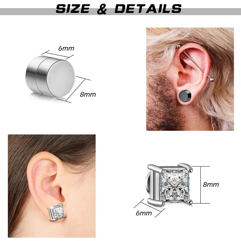 Hicarer 6 Pairs Stainless Steel Magnetic Stud Earrings for Men Women CZ Magnet Earring Non Piercing Clip On Earrings Diamond Cubic Zirconia Plug Silver Black Gold, 6-8 mm - NewNest Australia