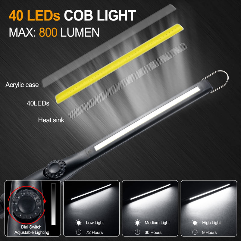 ORHOMELIFE LED Work Light - 750 Lumens Rechargeable COB Work Light with Power Capacity Indicator, Magnetic Base, 360°Swivel, USB Cable for Car Repair, Home, Outdoor Camping and Emergency 3300 mAh Black - NewNest Australia