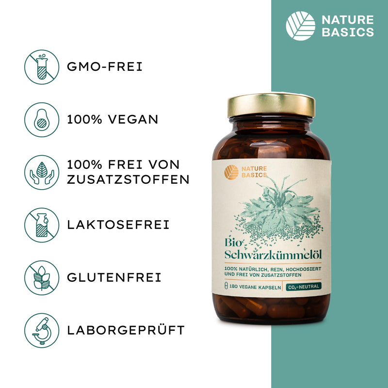 Organic black cumin oil - 180 high-dose capsules / 500 mg high-quality organic black cumin oil & 250 mg linoleic acid per capsule / Vegan, certified & sustainable in a glass - NewNest Australia
