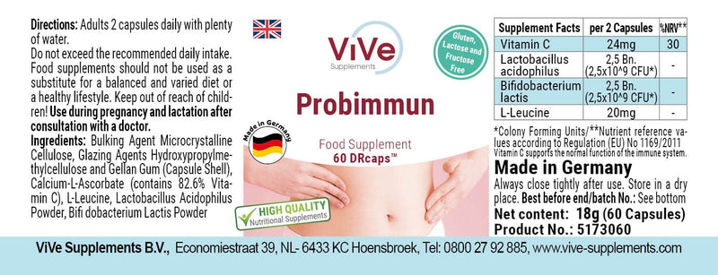 Probimmun With Bacterial Cultures - 60 Time Delayed Drcaps - Lactobacillus Acidophilus + Bifidobacterium Lactis - High Dose | Quality From Germany Vive Supplements - NewNest Australia