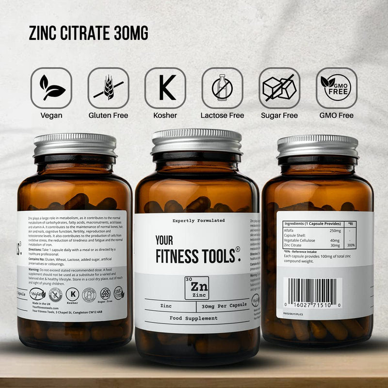 Zinc Citrate 30mg - 120 x Vegan Capsules - Zinc Supplement to Support Immune System, Hair Growth, Skin, Bones, Nails - Made in The UK by Your Fitness Tools - NewNest Australia