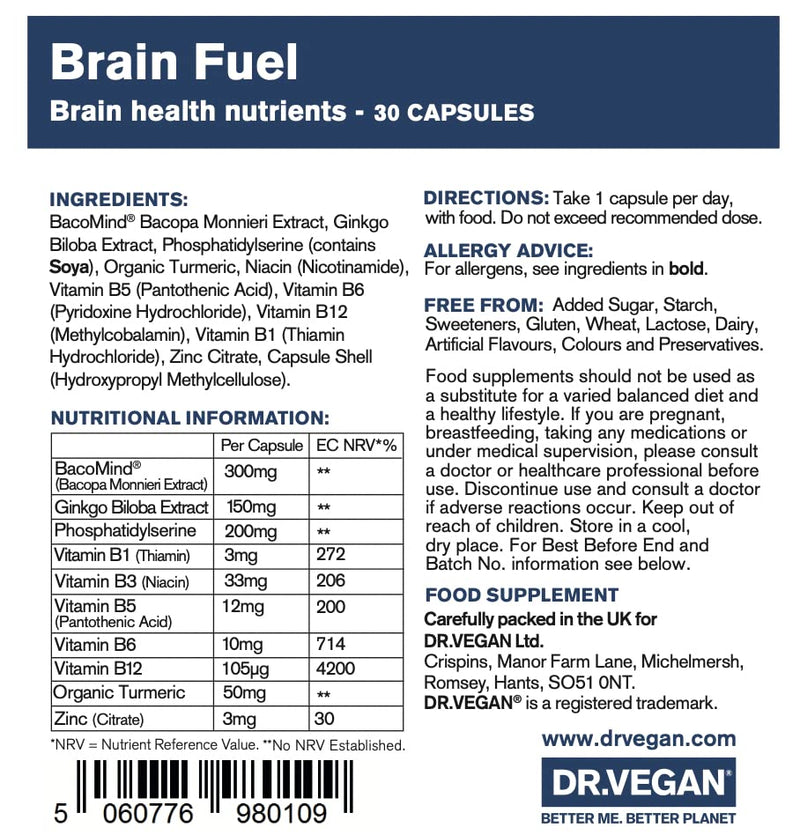 DR.VEGAN Brain Fuel | Memory & Focus, Brain Supplement, Clinically Tested BacoMind | 30 Capsules | One-A-Day | Includes Bacopa Monnieri 300mg, Ginkgo Biloba 150mg - NewNest Australia