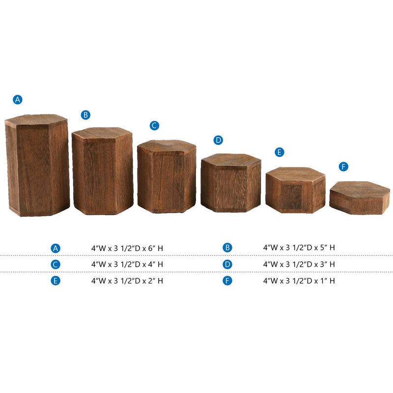 NewNest Australia - Mooca Wooden 6 Pcs Hexagon Risers for Display Jewelry and Accessories Display Stand, Wooden Display Risers, Wood Jewelry Risers Wood Figurine Display Risers, Brown 