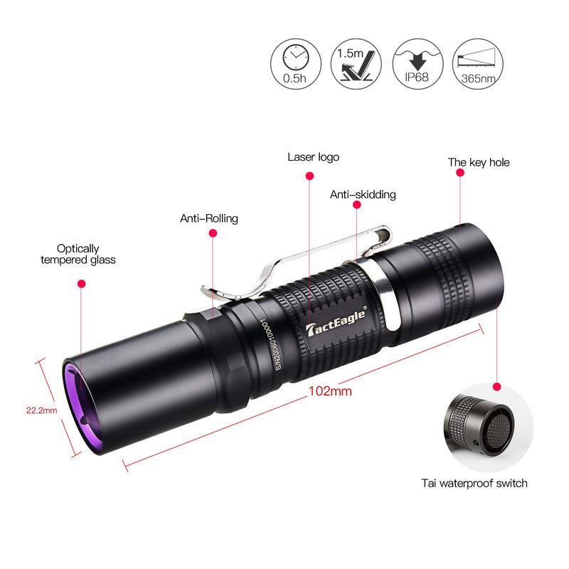 TactEagle UVA-T1 Black Light Flashlight,365NM UV Flashlight for Pet Urine Detection Minerals Resin Curing Scorpion,Portable Blacklight UV Led Flashlight - NewNest Australia