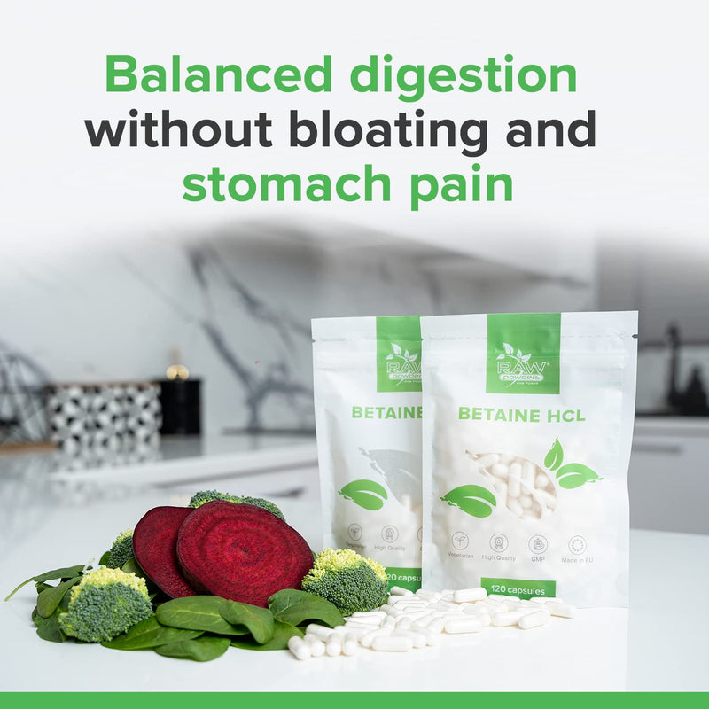 Betaine Hydrochloride 650 Mg 120 Capsules High Dose - Digestive Enzymes - Easily Digestible Betaine Hcl Vegan Dietary Supplement - Supports Heart Joints Liver - From Raw Powders - NewNest Australia