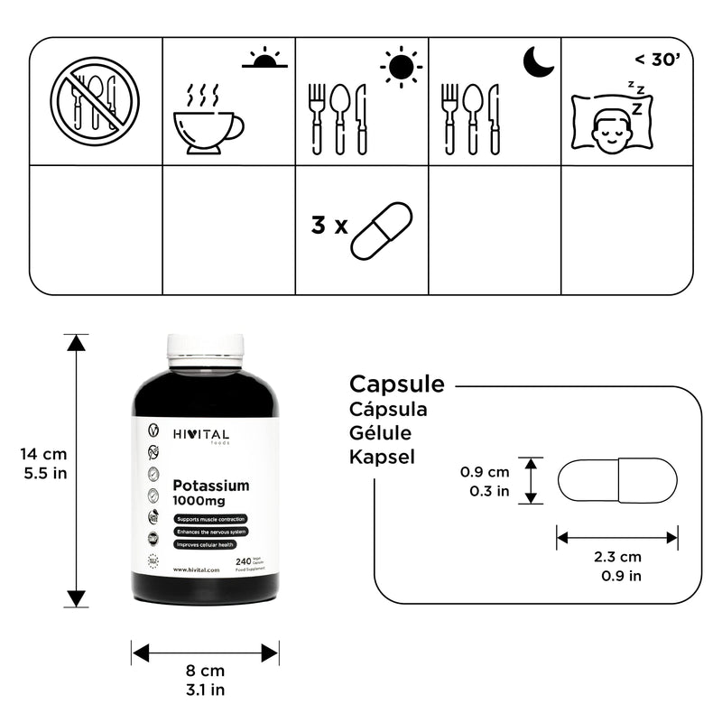 Potassium 1000 mg from potassium citrate. 240 vegan capsules for a treatment lasting over 2 months. Supports the muscle and nervous system and improves cellular health and nutrition - NewNest Australia