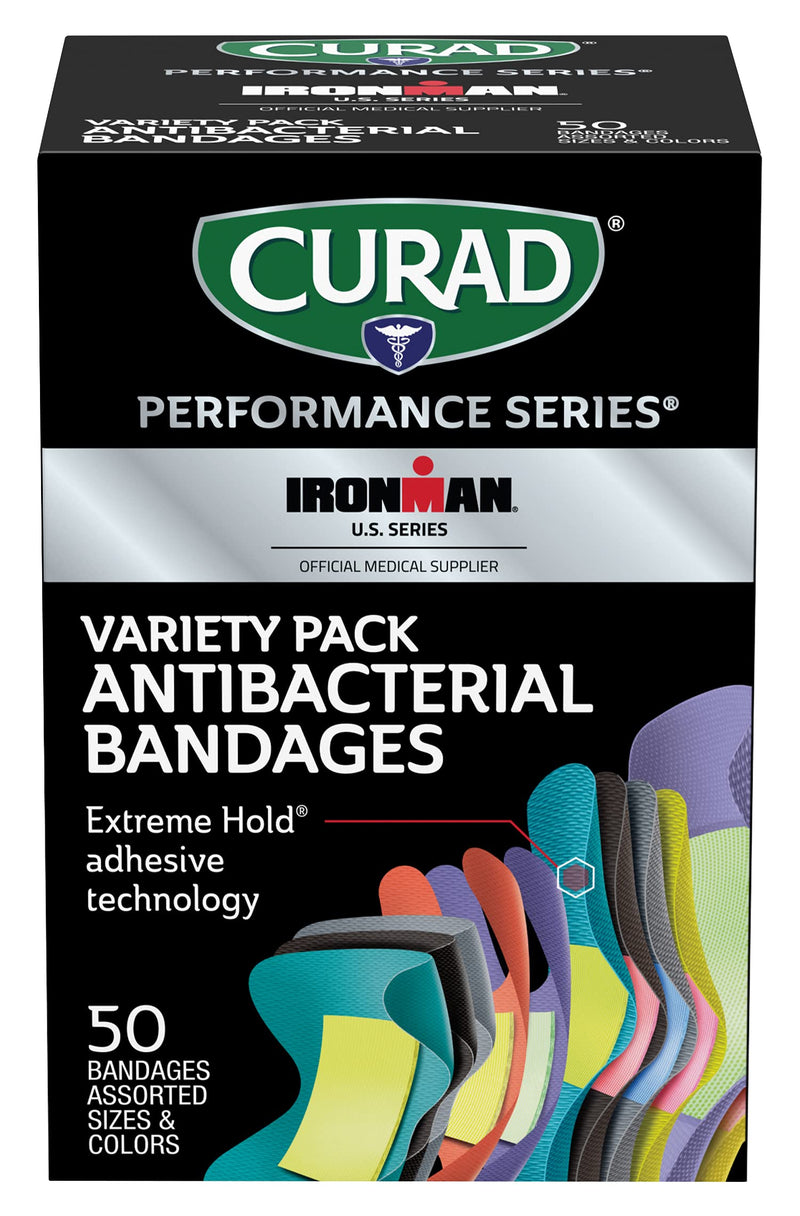 Curad Performance Series Ironman Antibacterial Bandages, Extreme Hold Adhesive Technology, Assorted Variety Pack Includes Standard, XL, Finger & Knuckle Fabric Bandages, 50 Count - NewNest Australia