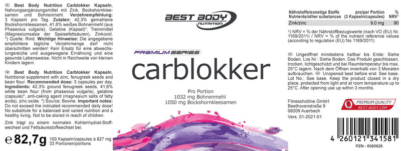 Best Body Nutrition Carblokker with fenugreek seeds and bean flour, 100 capsules (82.7g) - NewNest Australia