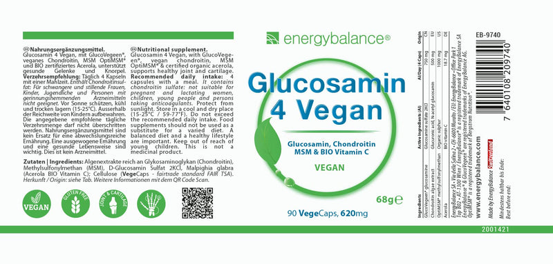 Glucosamine 4 Vegan 620 Mg Per Capsule - Four Vegan Ingredients In One For Well-Being: Glucosamine, Chondroitin, Msm (Methylsulfonylmethane) And Acerola Vitamin C - 90 Capsules - NewNest Australia