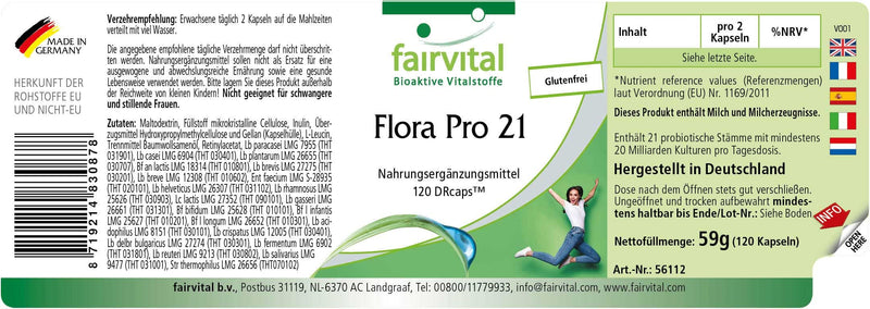 Fairvital Flora Pro 21 - Bacterial Culture Complex - 120 Time-Delayed Capsules - 21 Bacterial Strains - 20 Billion Colony-Forming Units - Quality Tested And High Dose - Made In Germany - NewNest Australia