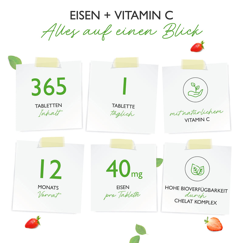 Iron - 365 tablets with 40 mg of pure iron + natural vitamin C - Premium raw material: iron bisglycinate (iron chelate) - high dose - vegan - laboratory tested - NewNest Australia