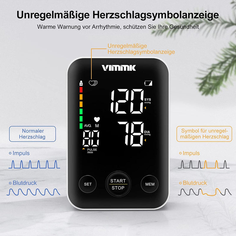 Vimmk blood pressure monitor upper arm digital measuring device high blood pressure LED display, arrhythmia detection & pulse measurement, 2x120 memories, cuff 22-40cm - NewNest Australia