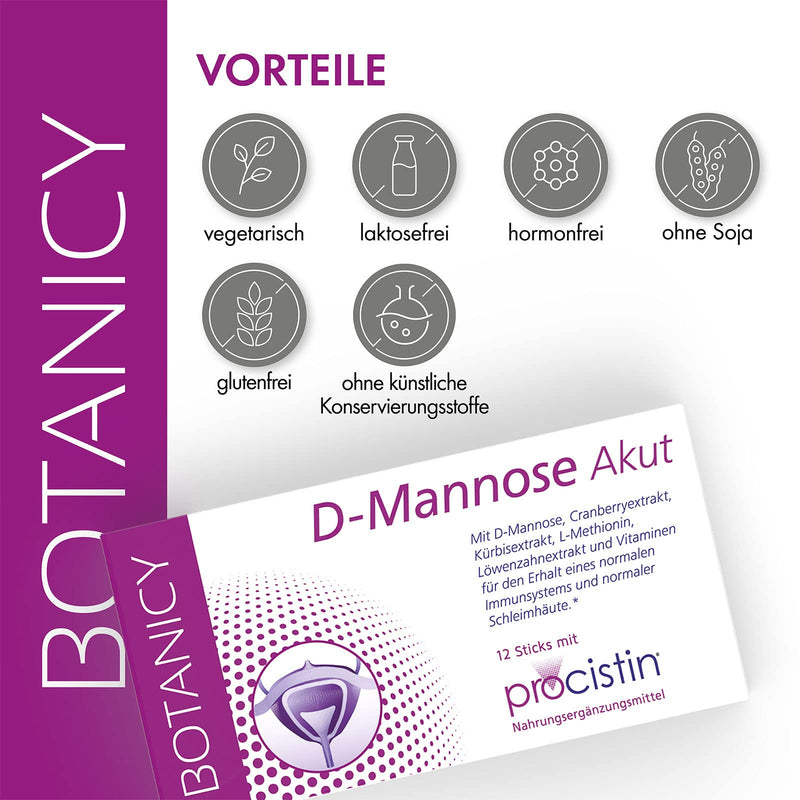 Botanicy D-MANNOSE + CRANBERRY AKUT, powder sticks for urinary tract and bladder, contains dandelion, pumpkin seeds, vitamin C and L-methionine (12 sachets of 3 g each), 36 g, purple - NewNest Australia