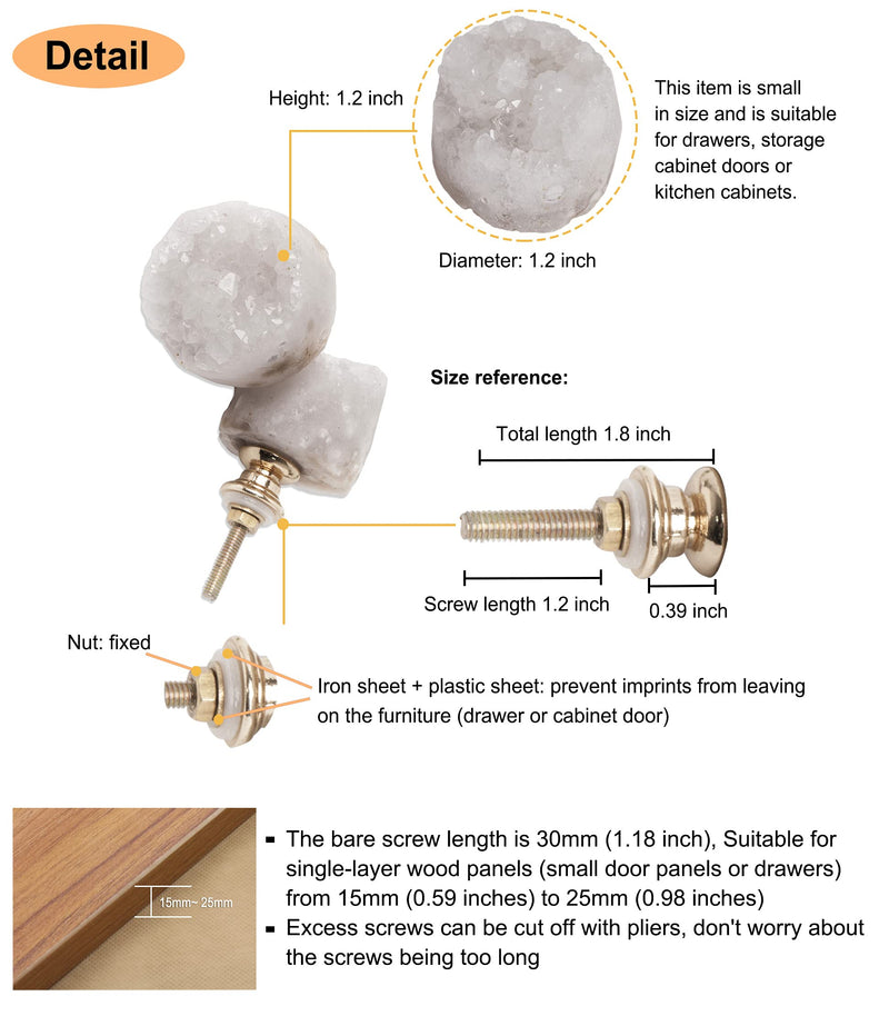 AMOYSTONE 2pcs Natural White Geode Stone Unique Knobs Small 1" Handle Pulls Thread Brass for Door Drawer, Bedroom Cabinet - NewNest Australia