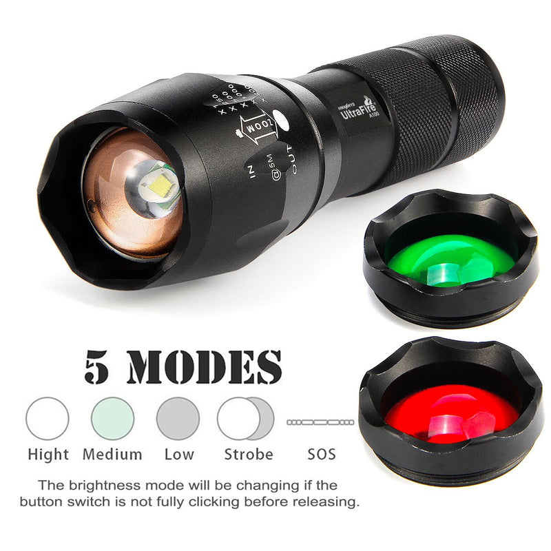 ULTRAFIRE Tactical LED Flashlight Hunting Flashlight A100 Focusable 3 Colors Exchange Glass Lens (Generate RED or Green Light ) - NewNest Australia