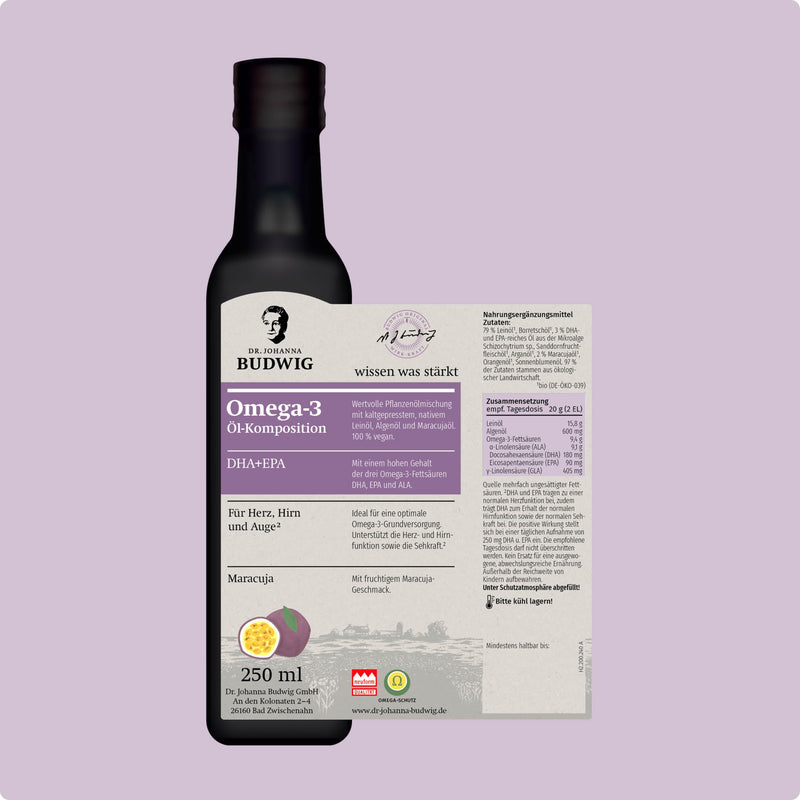 Dr. Budwig Omega-3 DHA + EPA Passion Fruit - optimal Omega-3 basic supply - The original 250 ml 250 ml (pack of 1) - NewNest Australia