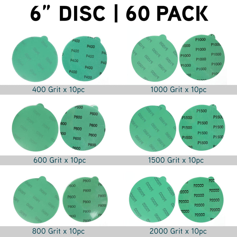 LotFancy 6 Inch PSA Sanding Discs with Tabs, 60PCS 400 600 800 1000 1500 2000 Grit Wet Dry Green Film Backed Sandpaper Assortment, Random Orbital Sander Fine Grit Sand Paper 400-2000 Grit, 60PCS - NewNest Australia