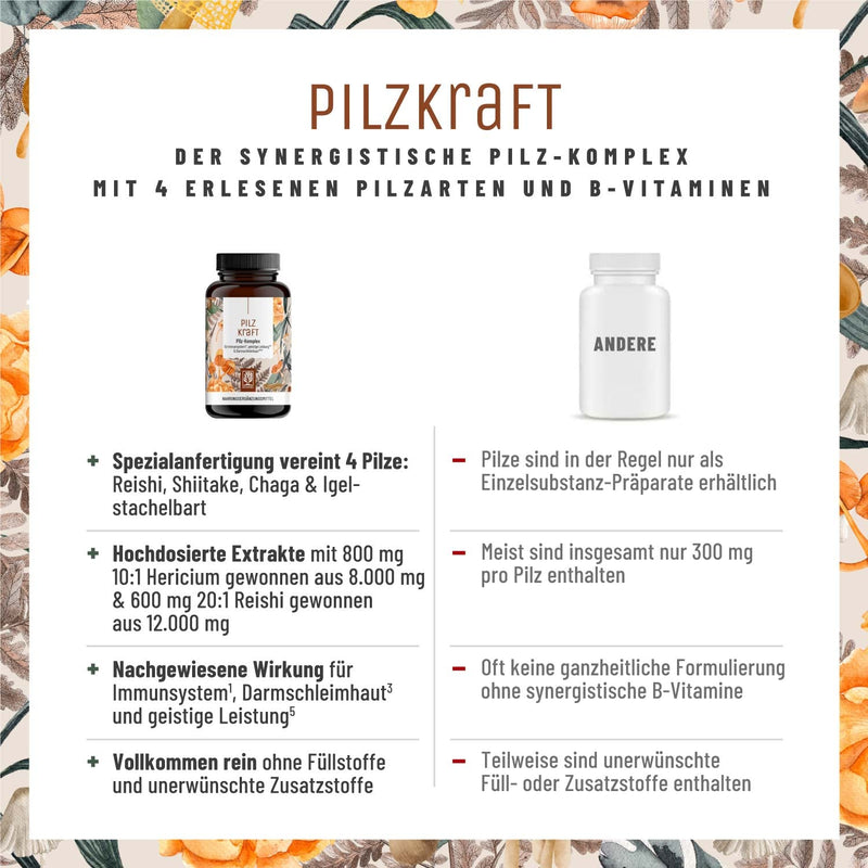Naturtreu Pilzkraft 120 Capsules Mushroom Complex High Dose With Hericium Erinaceus (Lions Mane) Extract, Chaga, Reishi Extract, Shiitake Extract, Beta Glucan, Vitamin B2, B5 & B6 - NewNest Australia