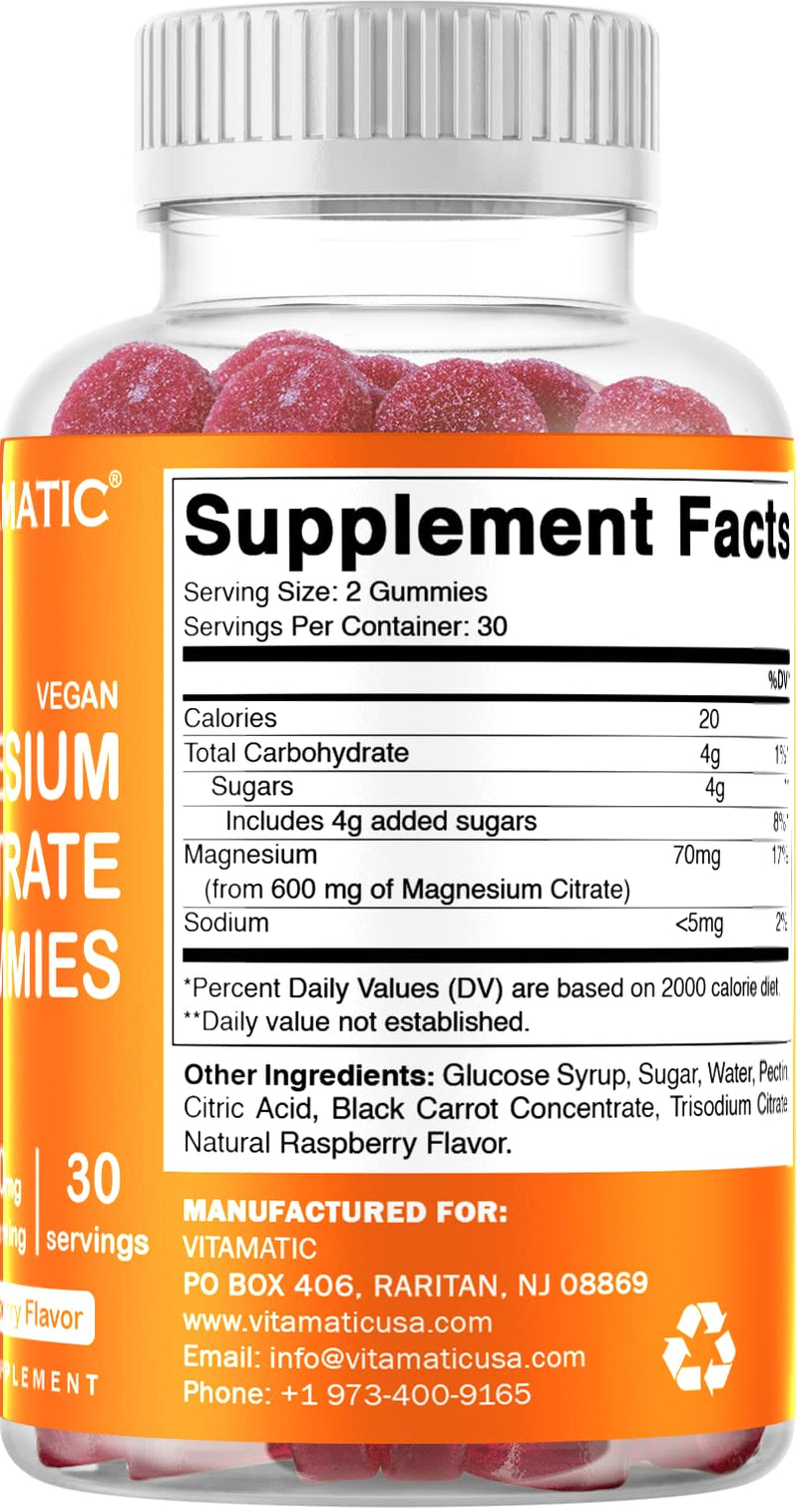 Vitamatic Magnesium Citrate Gummies 600mg per Serving - 60 Vegan Gummies - Promotes Healthy Relaxation, Muscle, Bone, & Energy Support (60 Gummies (Pack of 1)) 60 Count (Pack of 1) - NewNest Australia