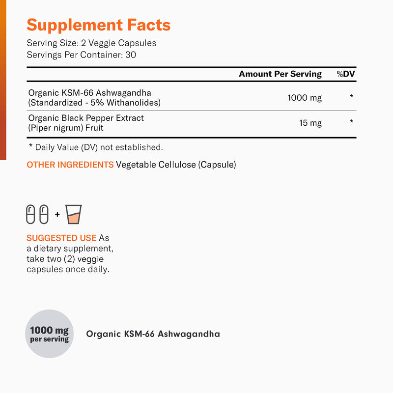 KSM-66 Ashwagandha Root Powder Extract, High Potency 5% Withanolides, 1000mg of Clinically Studied KSM66 & Black Pepper, Adrenal Support, Thyroid Support - Vegan, Non-GMO, 60 Capsules - NewNest Australia