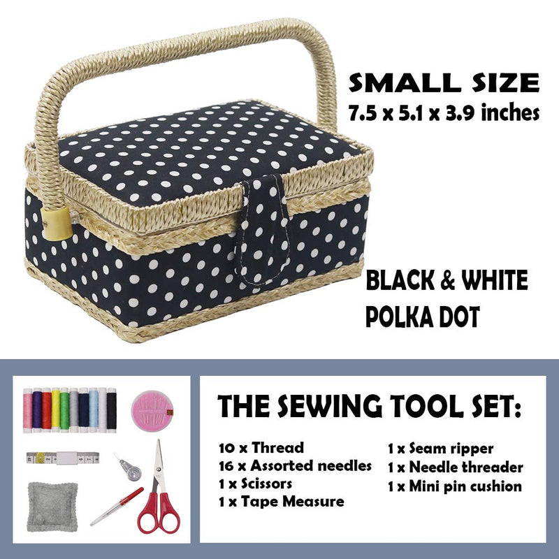 Sewing Basket Kit Sewing Box with Mini Sewing Accessories for Kids, Small (Black Polka Dot) Black Polka Dot - NewNest Australia