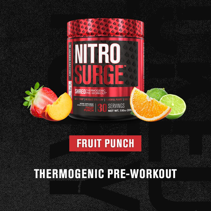 NITROSURGE Shred Pre Workout Supplement - Energy Booster, Instant Strength Gains, Sharp Focus, Powerful Pumps - Nitric Oxide Booster & PreWorkout Powder - 30Sv, Fruit Punch - NewNest Australia