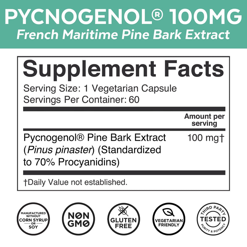 Pycnogenol 100mg from French Maritime Pine Bark Extract - Healthy Blood Circulation Supplements, Powerful Antioxidant Protection, Joint Support and Immune Support (60 Veggie Capsules) 60 Count (Pack of 1) - NewNest Australia