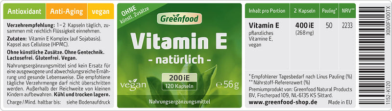 Greenfood - Vitamin E capsules - 200 iU - 120 vegan capsules - Supports the protection of cells from oxidative stress - Without artificial additives and genetic engineering 120 pieces (pack of 1) - NewNest Australia