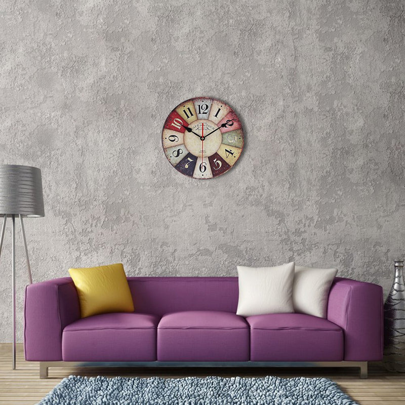 NewNest Australia - Timelike MDF Wooden Wall Clock Vintage Rustic Country Round Decorative Clock Retro Style Quartz Wall Clock (8 Inch, Colorful) 8 Inch 