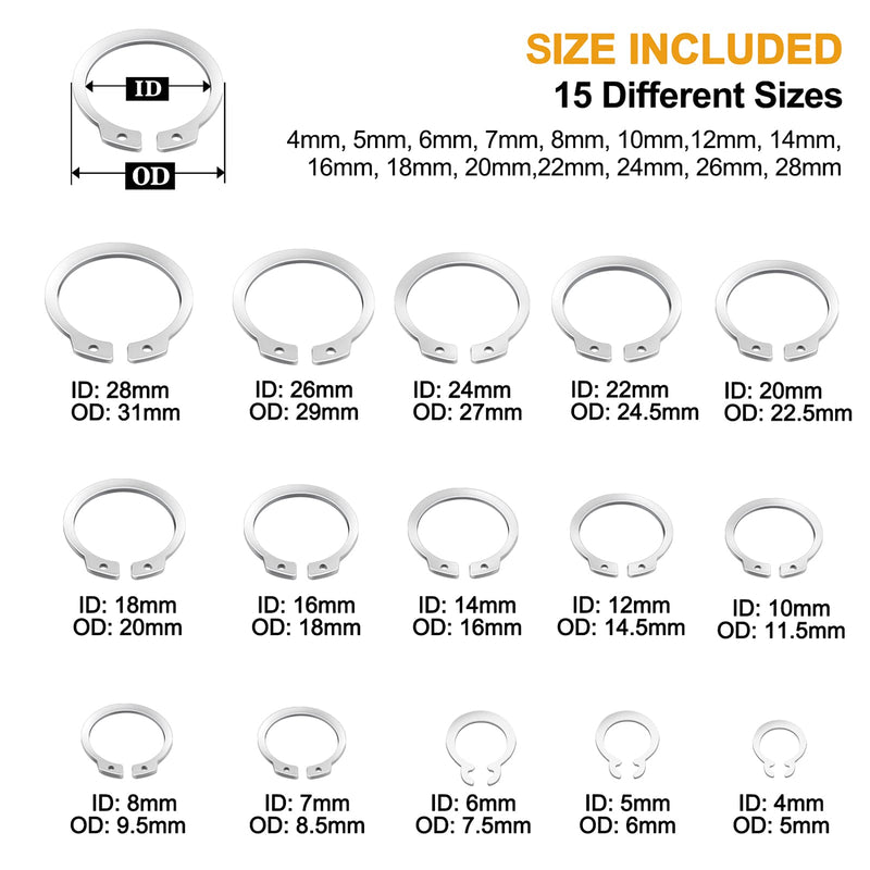 VIGRUE 315Pcs External Retaining Rings Snap Rings Assortment kit 304 Stainless Steel External Circlip Snap External Retaining C-Clips Rings Set, 15 Sizes (304 Stainless Steel Circlip) 304 Stainless Steel Circlip - NewNest Australia