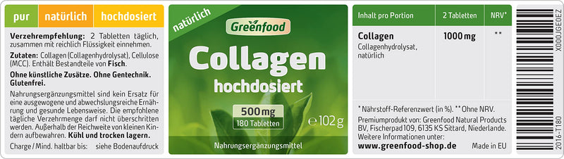 Collagen, 500 mg, high dose, 180 tablets - natural collagen hydrolyzate. WITHOUT artificial additives, without genetic engineering. 180 pieces (pack of 1) - NewNest Australia