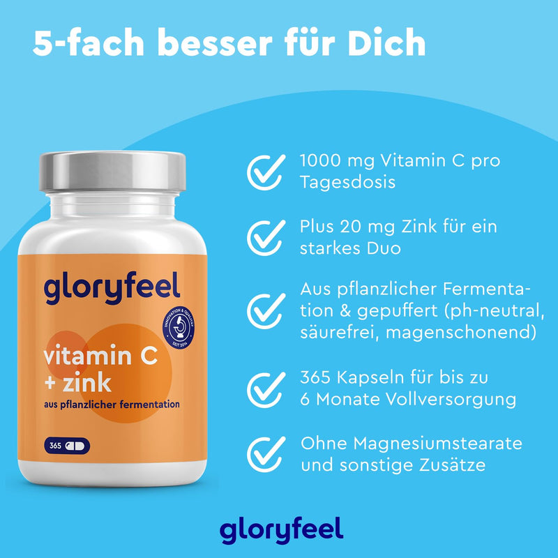 Vitamin C + Zinc - 365 Vegan Capsules - 1000 Mg Buffered Vegetable Vitamin C (Acid-Free And Stomach Friendly) Plus 20 Mg Zinc Per Daily Dose - Laboratory Tested Without Additives Made In Germany. - NewNest Australia